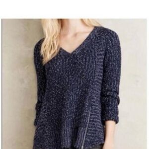 MOTH by Anthropologie Blue V-Neck Women's Marled Sweater w Side Zipper